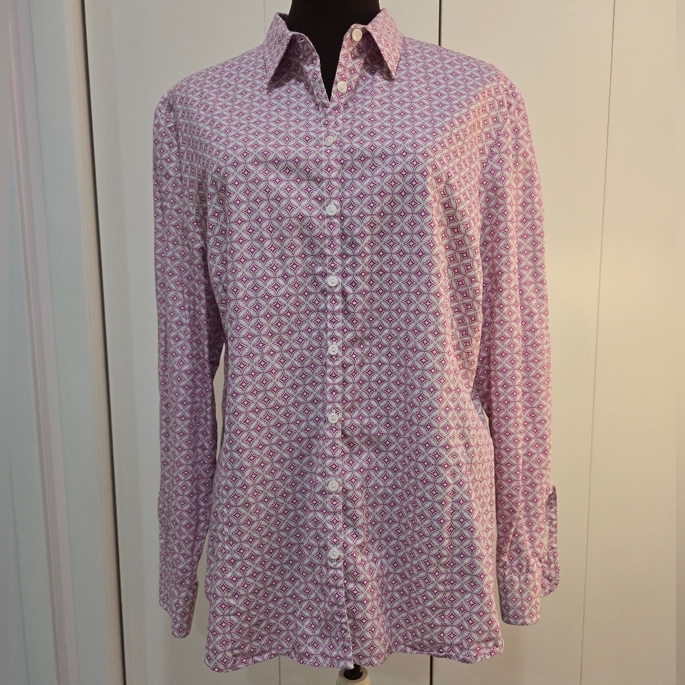 💮Charles Tyrwhitt Women's Sz 16 Blouse Pink & Grey Pattern on White - Picture 2 of 6